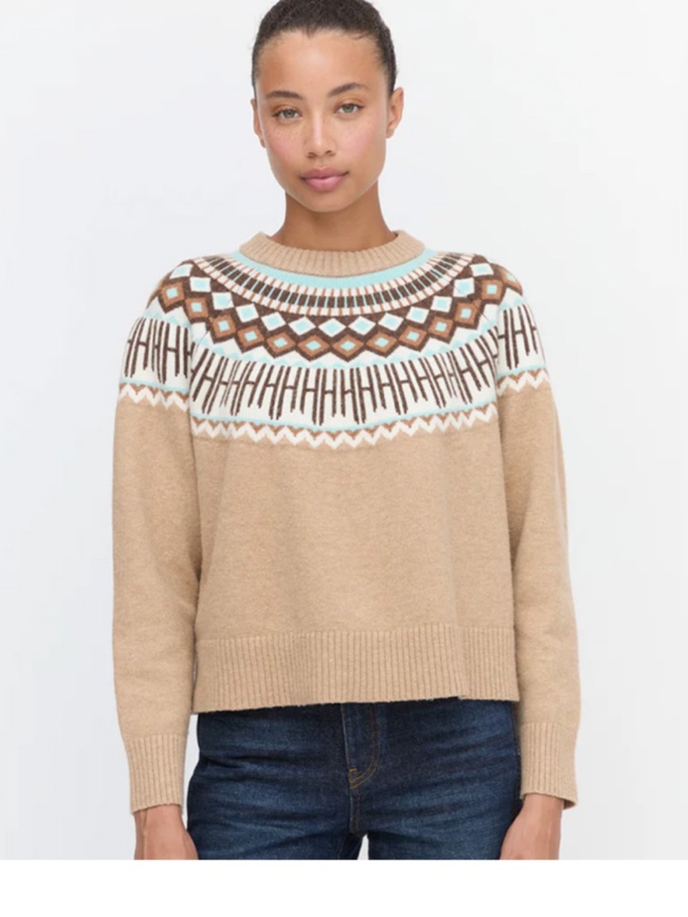 Hill House Beige Fair Isle Crew Sweater with Aqua Accents